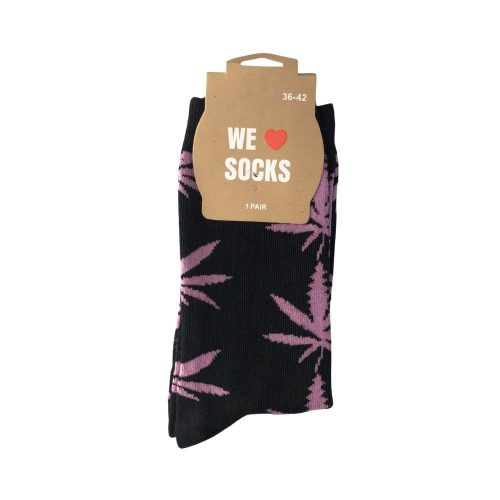 Sok 11 W Long Socks Size 36/42 Zwart with Pink Leaves